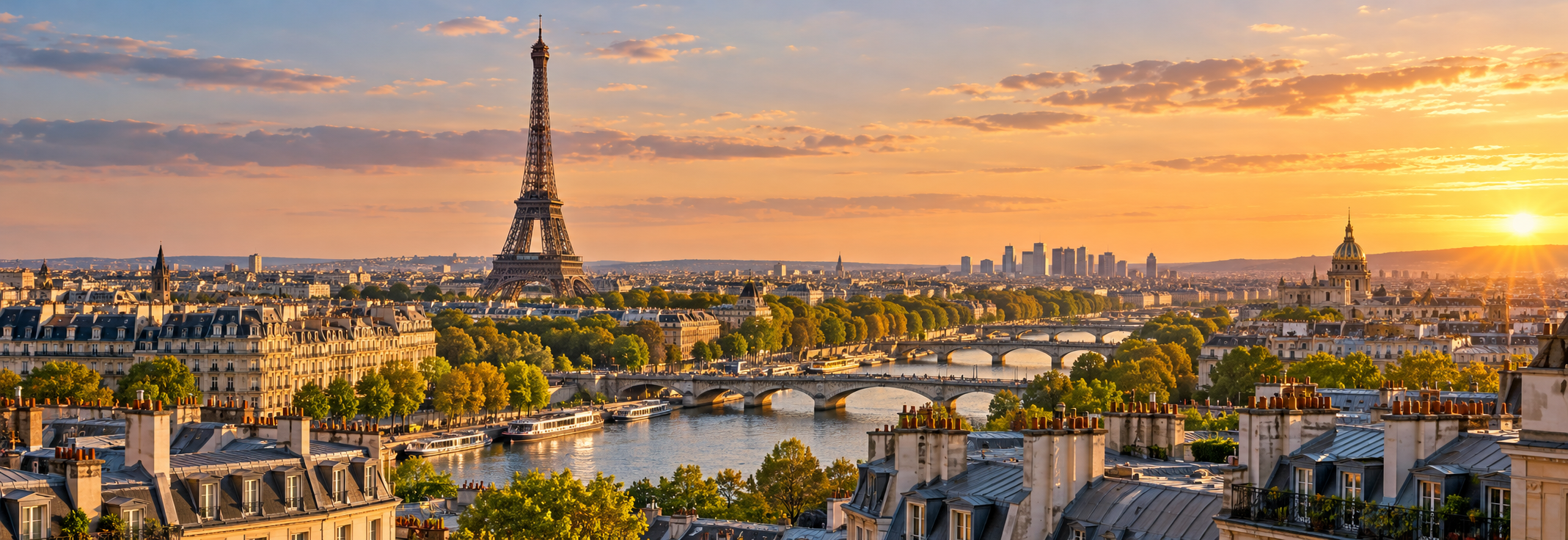 Paris skyline and Eiffel Tower at sunset