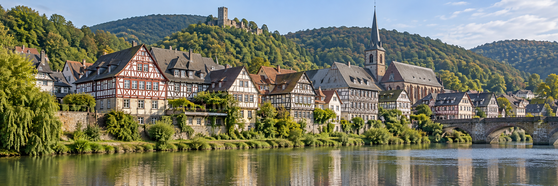 Traditional German riverside town with half-timbered houses