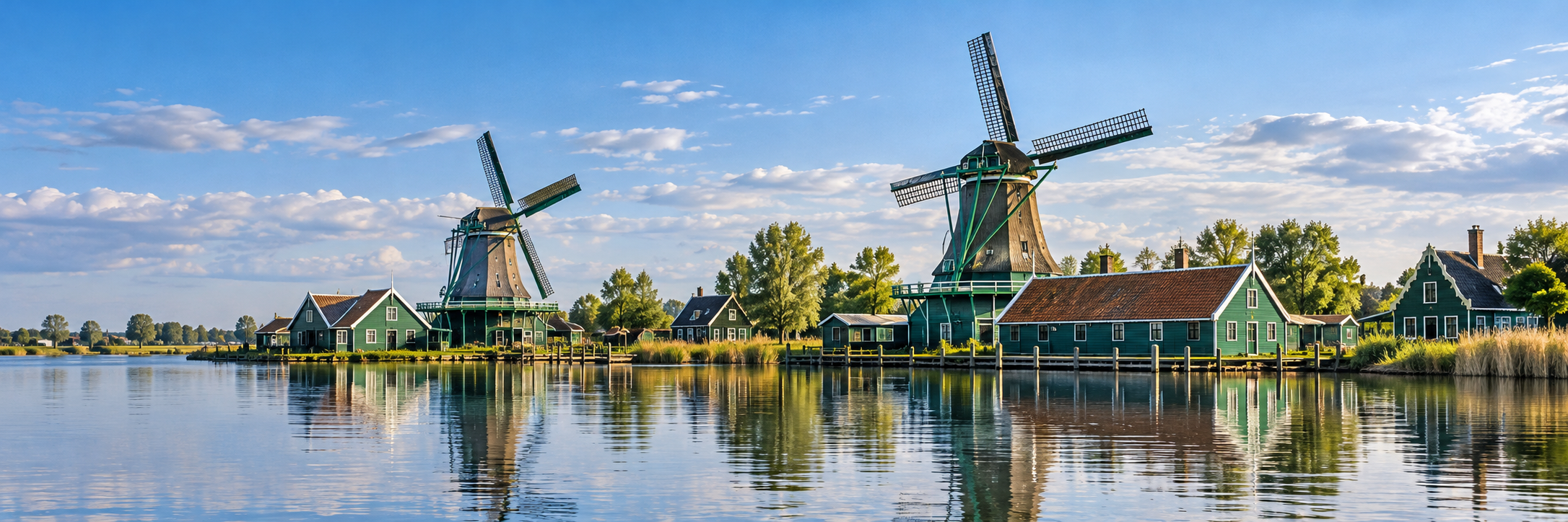 Dutch windmills and wooden houses beside a waterway