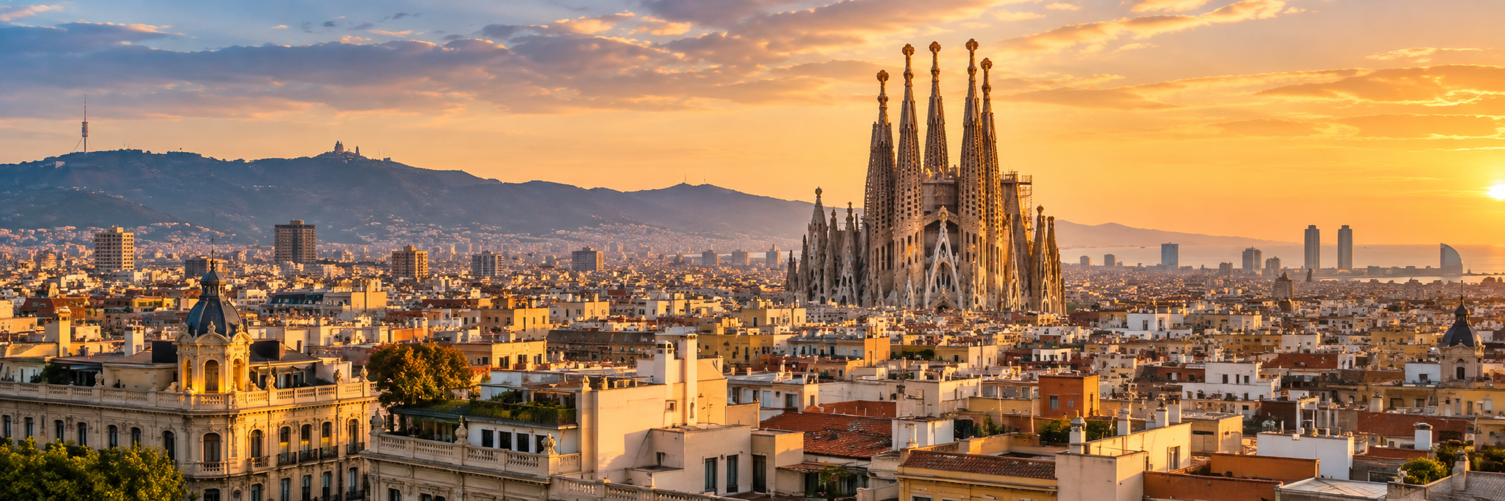 Barcelona skyline and Sagrada Família at sunset