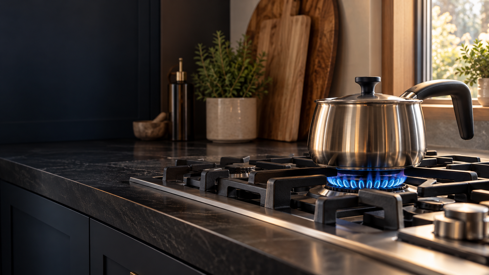 A gas cooktop with a blue flame beneath a kettle in a home kitchen