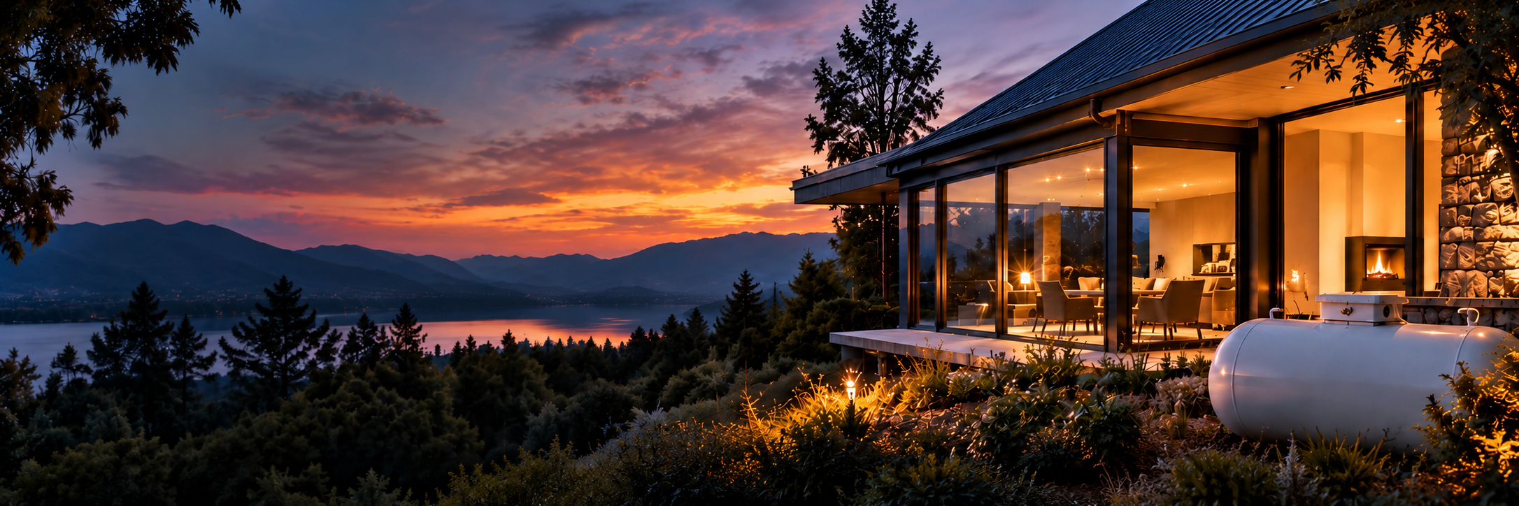Modern home at dusk with a residential LPG tank