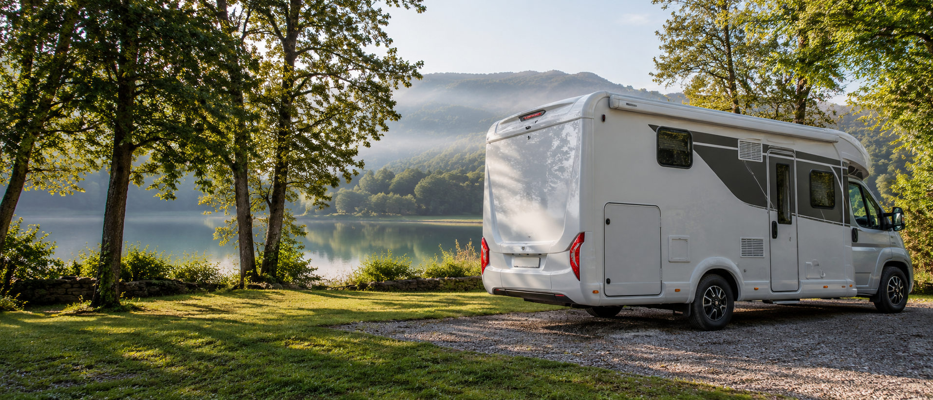 Illustrative motorhome at a campsite